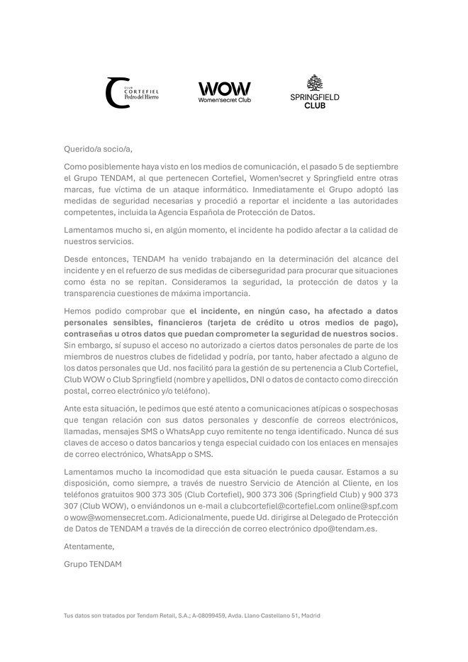 Carta ciberataque Cortefiel
